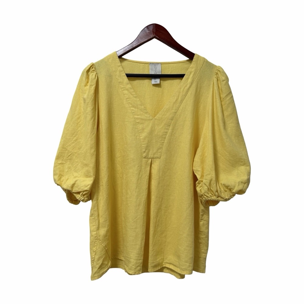 Joie Womens Linen Blend‎ Puff Sleeve Blouse Top Size L Butter Yellow Lightweight